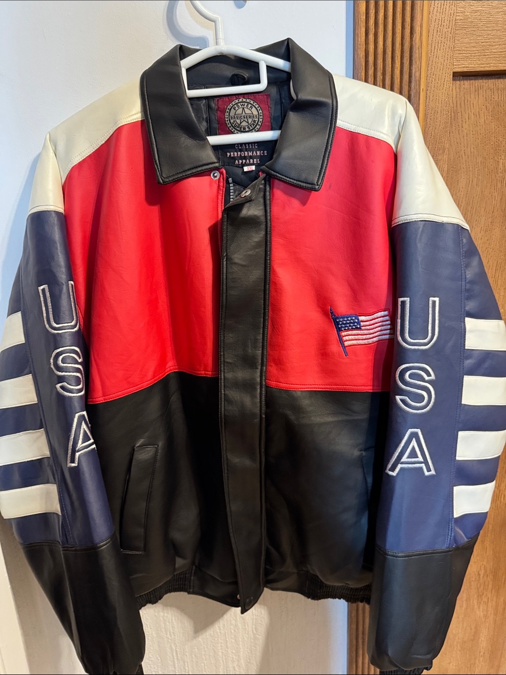 Classic USA Leather Bomber Jacket - Red/Black/Blue